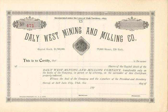 Daly West Mining and Milling Co. - Unissued Mining Stock Certificate